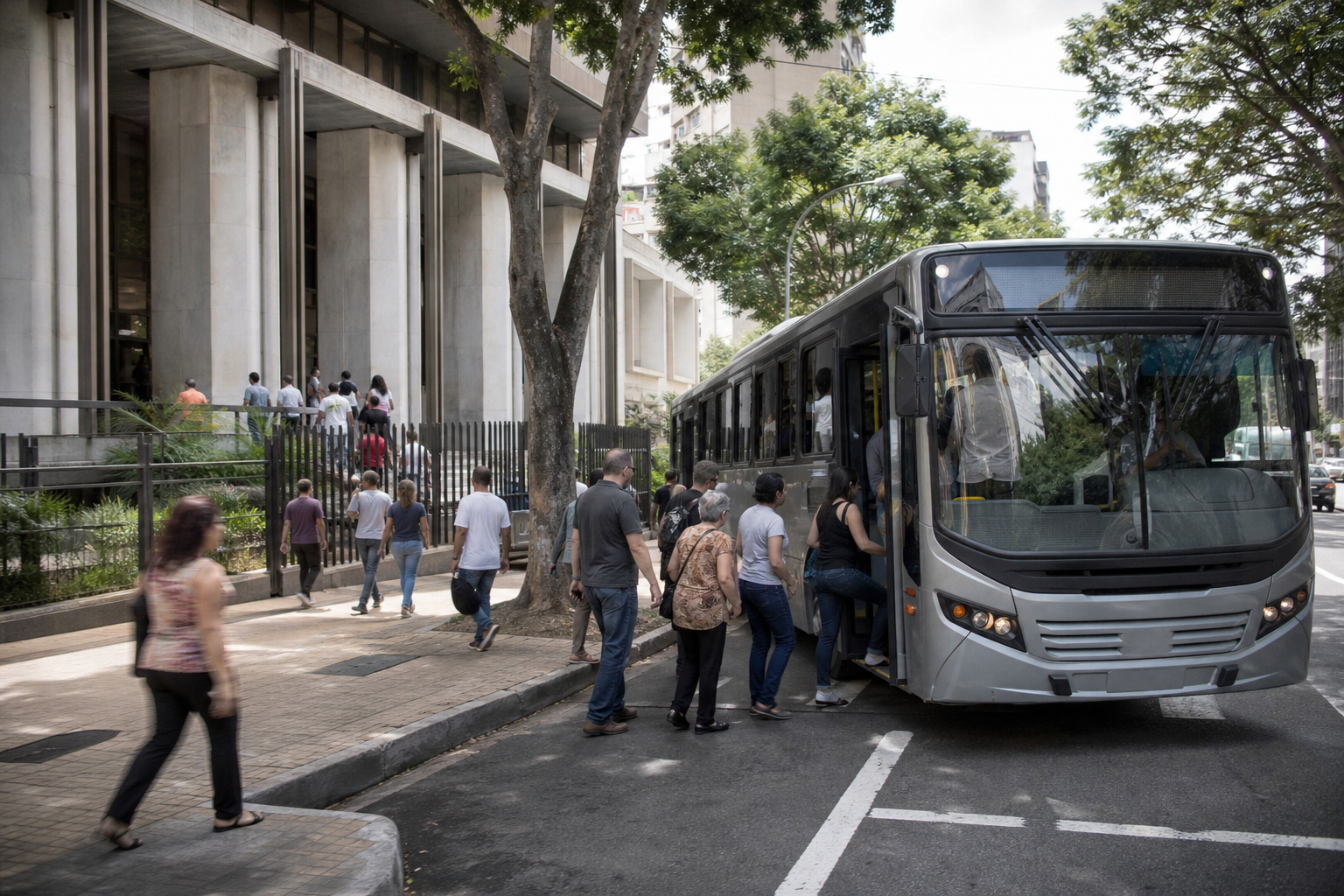 Ônibus urbano transporta passageiros nas proximidades de uma seção eleitoral durante as eleições.