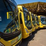 Vários ônibus urbanos amarelos estacionados em um terminal de transporte coletivo.