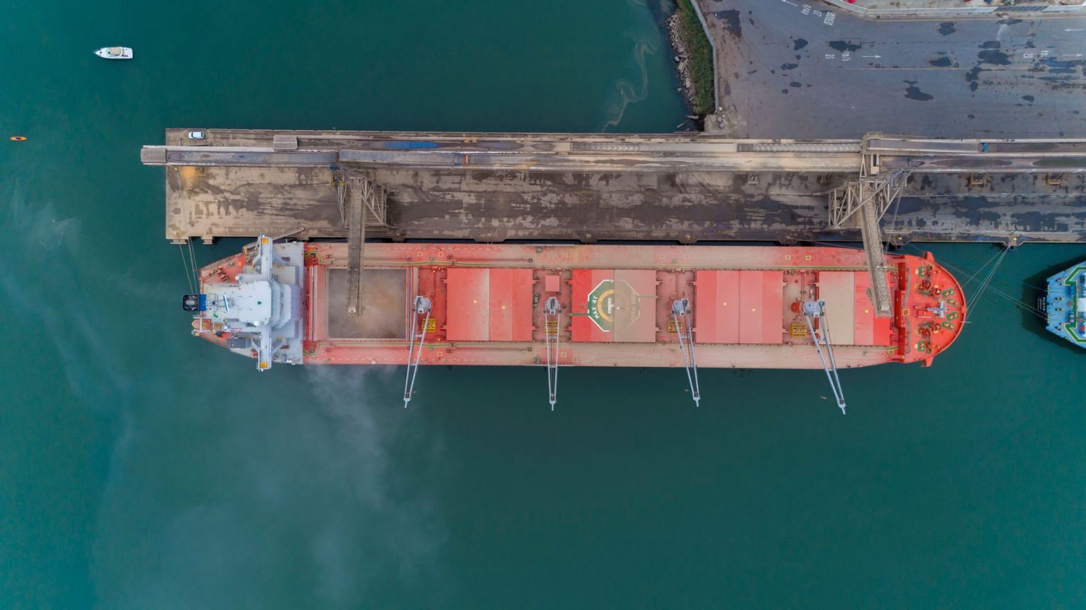 Vista aérea de um navio de carga atracado no porto de São Francisco do Sul, com a operação marítima ao redor.