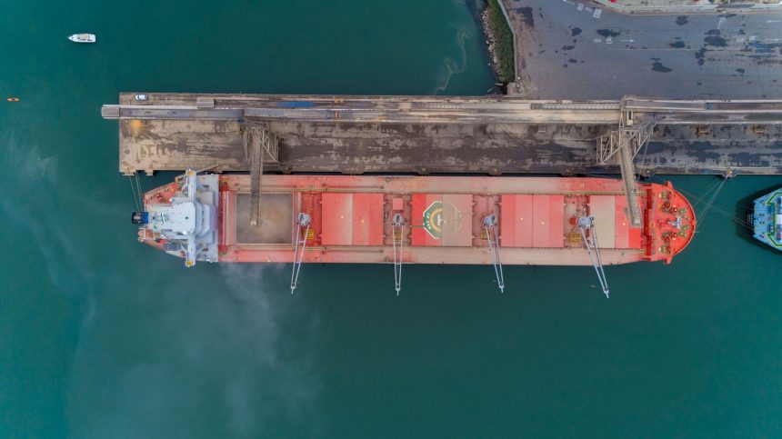 Vista aérea de um navio de carga atracado no porto de São Francisco do Sul, com a operação marítima ao redor.